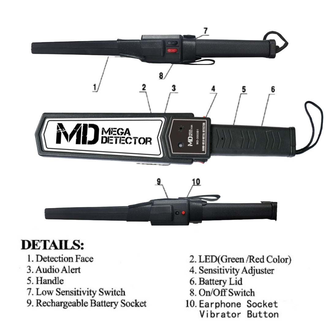Detector de metales portátil MegaDetector, varilla de seguridad, alertas de vibración y sonido ajustables, detecta armas, cuchillos, tornillos, alta sensibilidad, color negro