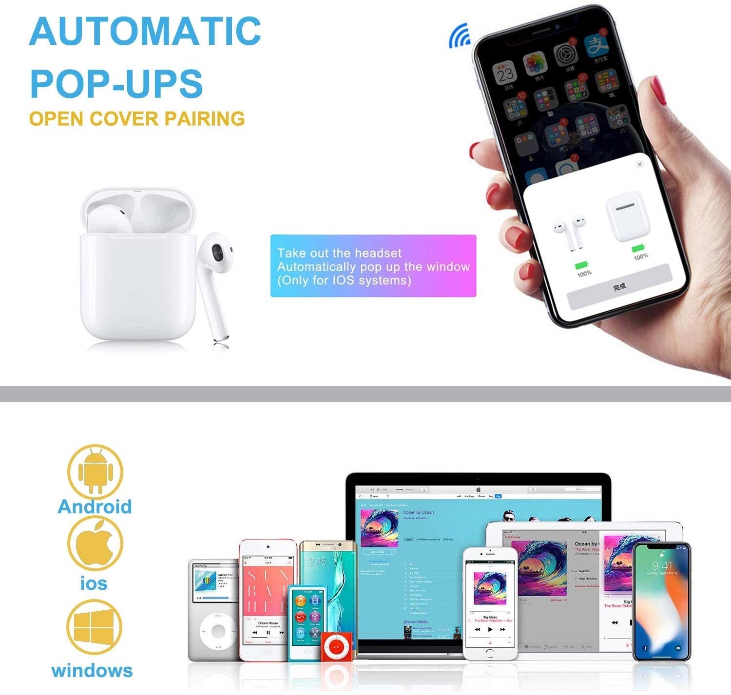 Wireless Bluetooth 5.0 True Wireless Stereo TWS Earbuds with Charger Case for for iPhone Android, 30H Cyclic Playtime  Headphones Smartouch Earphones Super Bass Sound  i7s i9s i11 i12  White - UproMax