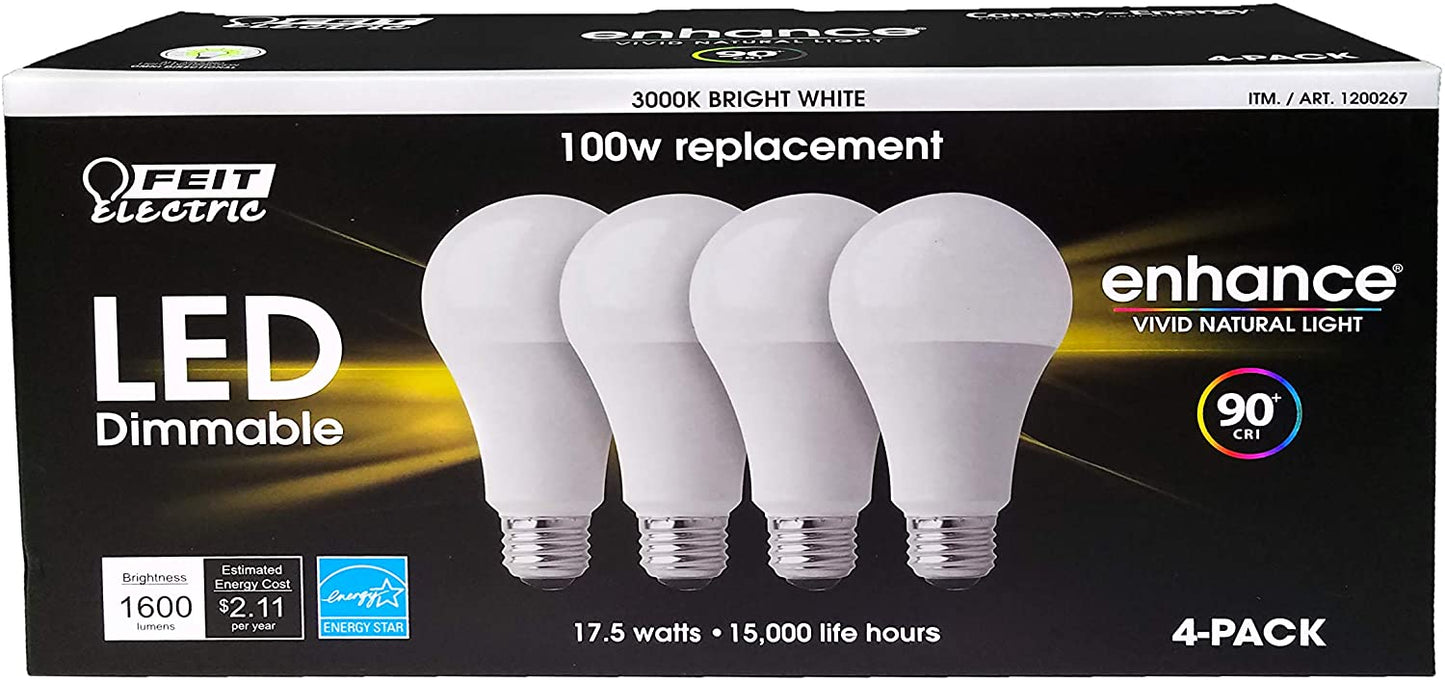 Feit Dimmable LED 3000K Bright White 4-Pack (100W Replacement) 17.5W - UproMax