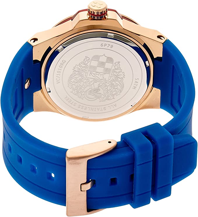 Vince Camuto 43MM Rose Gold-Tone Blue Rubber Band Watch Men's VC/1010BLRG "The Master" Stainless Steel Watch