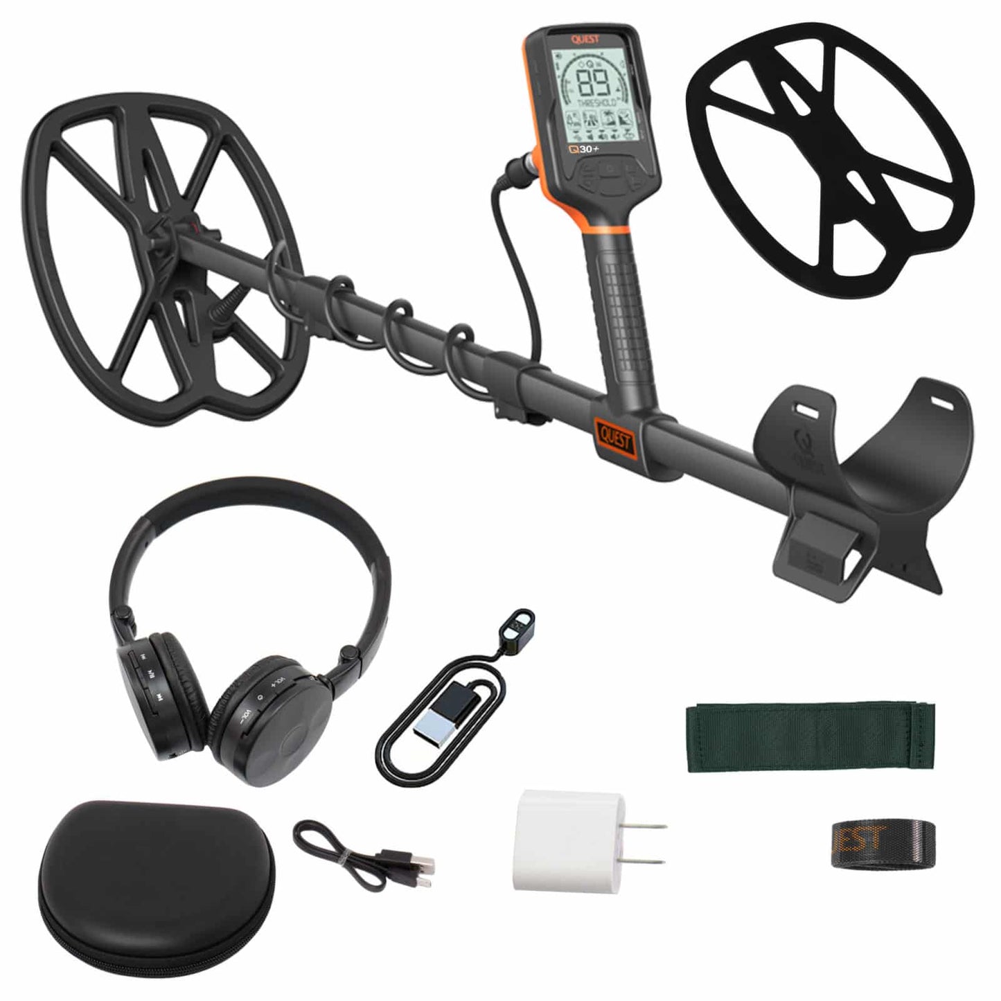 Quest Q30+ Metal Detector w/Wirefree Lite Headphones& RaptorX TurboD 9×11″ Coil - UproMax
