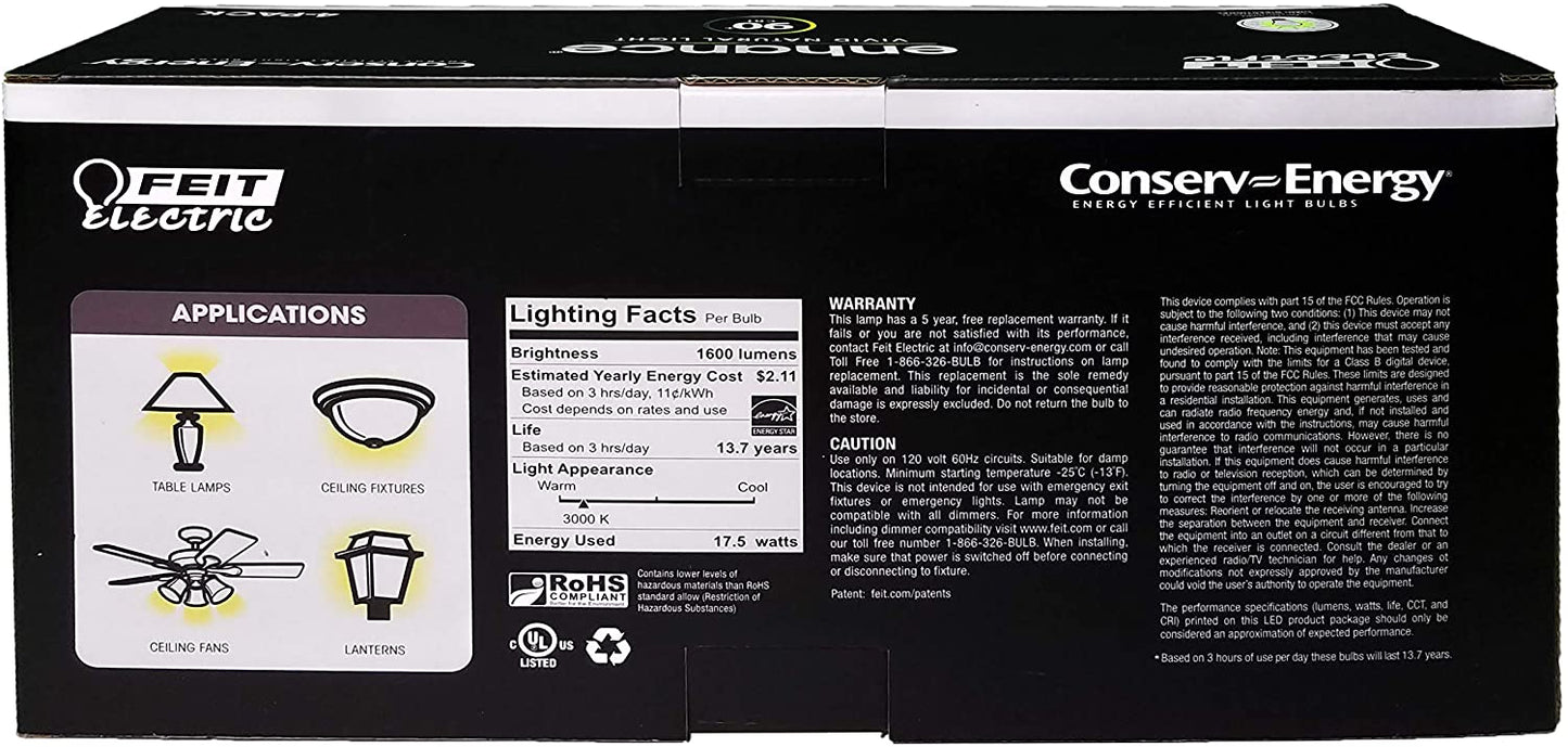 Feit Dimmable LED 3000K Bright White 4-Pack (100W Replacement) 17.5W - UproMax