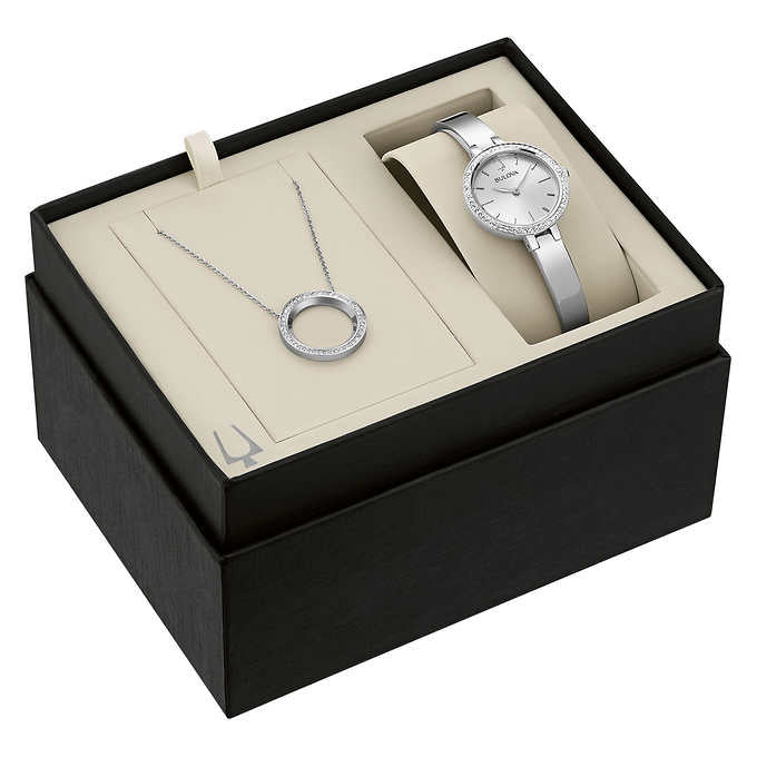 Bulova 96X154 Stainless Steel Ladies Watch and Crystal Halo Pendant Set NEW - UproMax