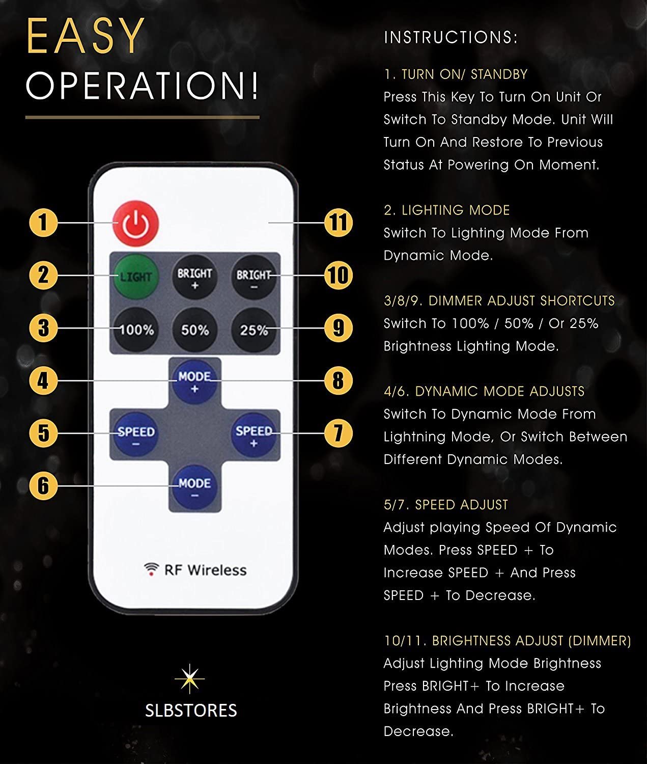 Upromax 11 Key RF Wireless Remote Control for Single Color 3528 5050 LED Strip Lights,and 10M 100 LED Fairy String Lights RF Dimmer for 12 V DC LED Light Strips - UproMax