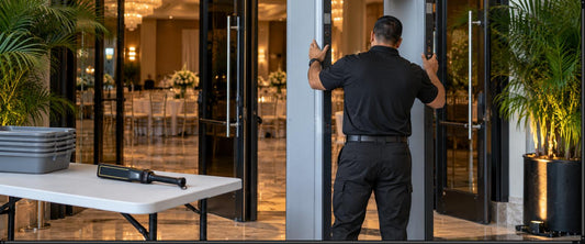 Technician setting up a walk-through metal detector at a South Florida event hall entrance