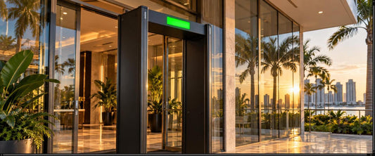 Black walk-through metal detector with green LED display at a Miami venue entrance at golden hour