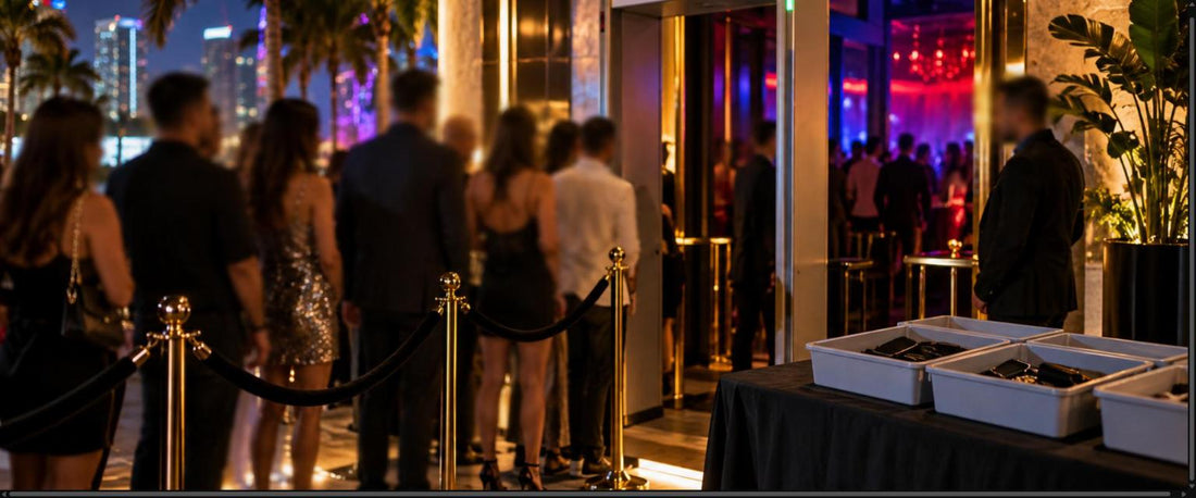 Miami nightclub entrance with a walk-through metal detector, velvet rope line and divest bins