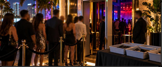 Miami nightclub entrance with a walk-through metal detector, velvet rope line and divest bins