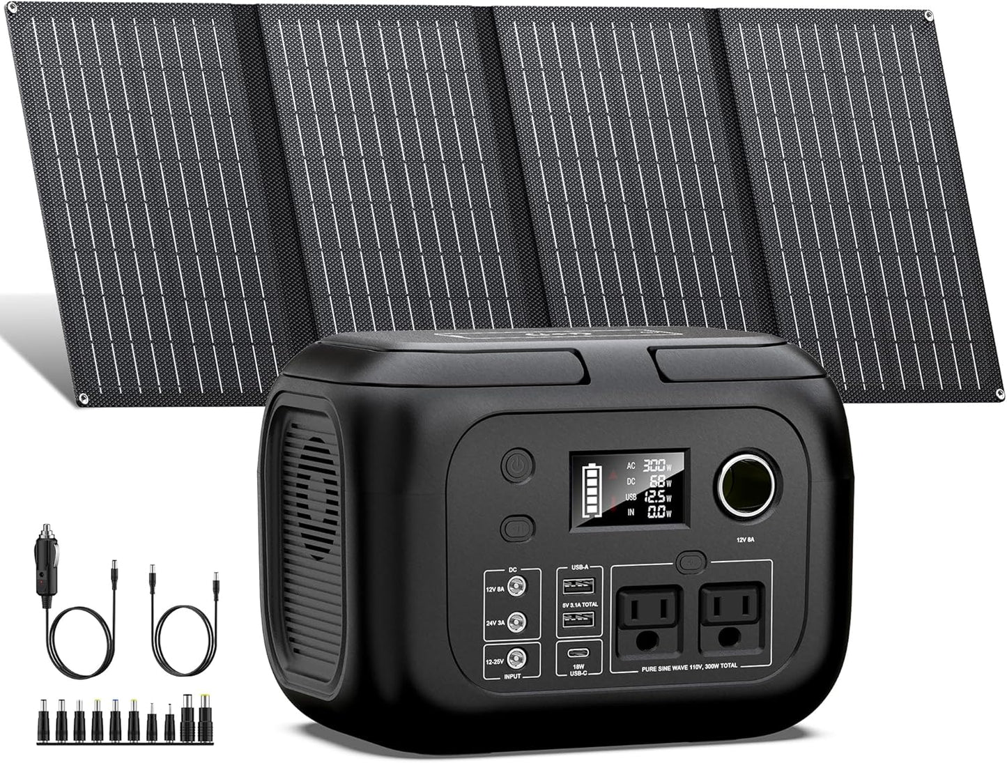 Portable Solar Generator Power Station, 300W Peak, 260Wh, 40W Solar Panels Included, 110V AC Outlet, 70400mAh