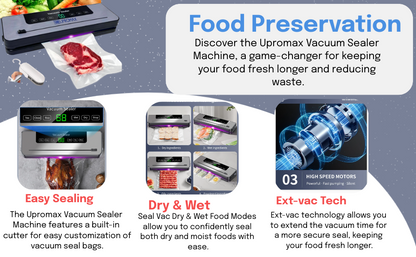 Upromax, Vacuum Sealer Machine, Built-In Cutter, Seal Vac Dry & Wet Food Modes, Ext-vac, Low Noise, Up16-Inch bags 10 Bags Included - Seal A Meal Vacuum Sealer Machine For Food Storage