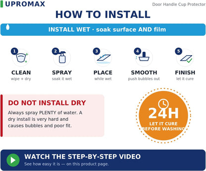 How to install: clean, spray, place, smooth, finish, cure 24 hours