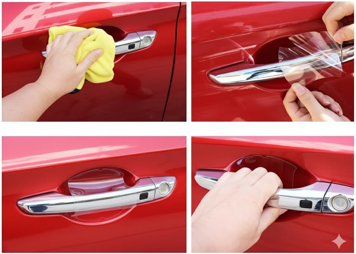 Installing the clear door handle protector on a red car