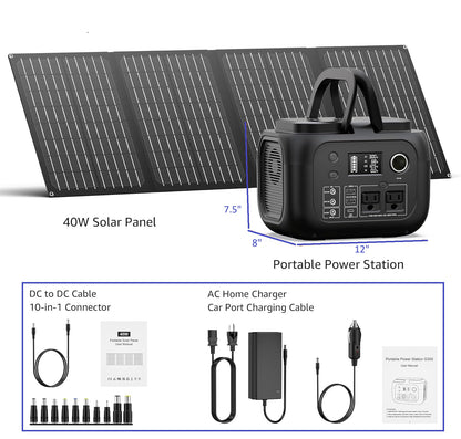 Portable Solar Generator Power Station, 300W Peak, 260Wh, 40W Solar Panels Included, 110V AC Outlet, 70400mAh