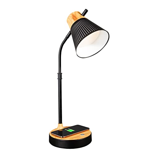 OttLite Wellness Series Wireless Charging LED Table Lamp, Black with Woodgrain Accents…