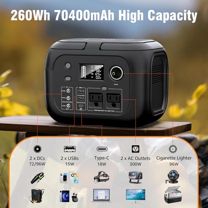 Portable Solar Generator Power Station, 300W Peak, 260Wh, 40W Solar Panels Included, 110V AC Outlet, 70400mAh