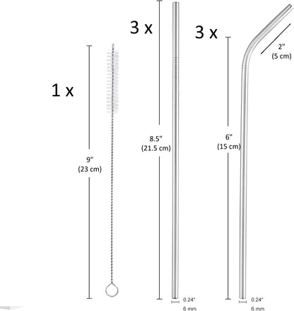 6 Pack Reusable Metal Straws, Stainless Steel, Long & Durable, Includes Bag & Cleaning Brushes,Easy to Clean, Perfect for 30oz, 20oz Tumblers