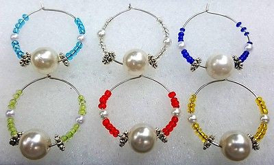Wine Glass Drink Charms Markers Crystal Pearl Decor Handmade Set of 6 & Gift Box - UproMax