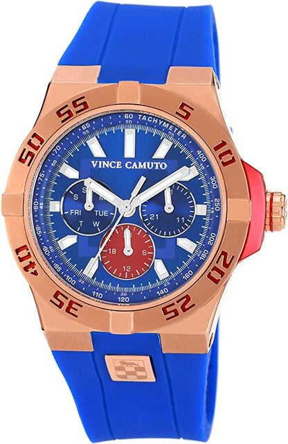 Vince Camuto 43MM Rose Gold-Tone Blue Rubber Band Watch Men's VC/1010BLRG "The Master" Stainless Steel Watch