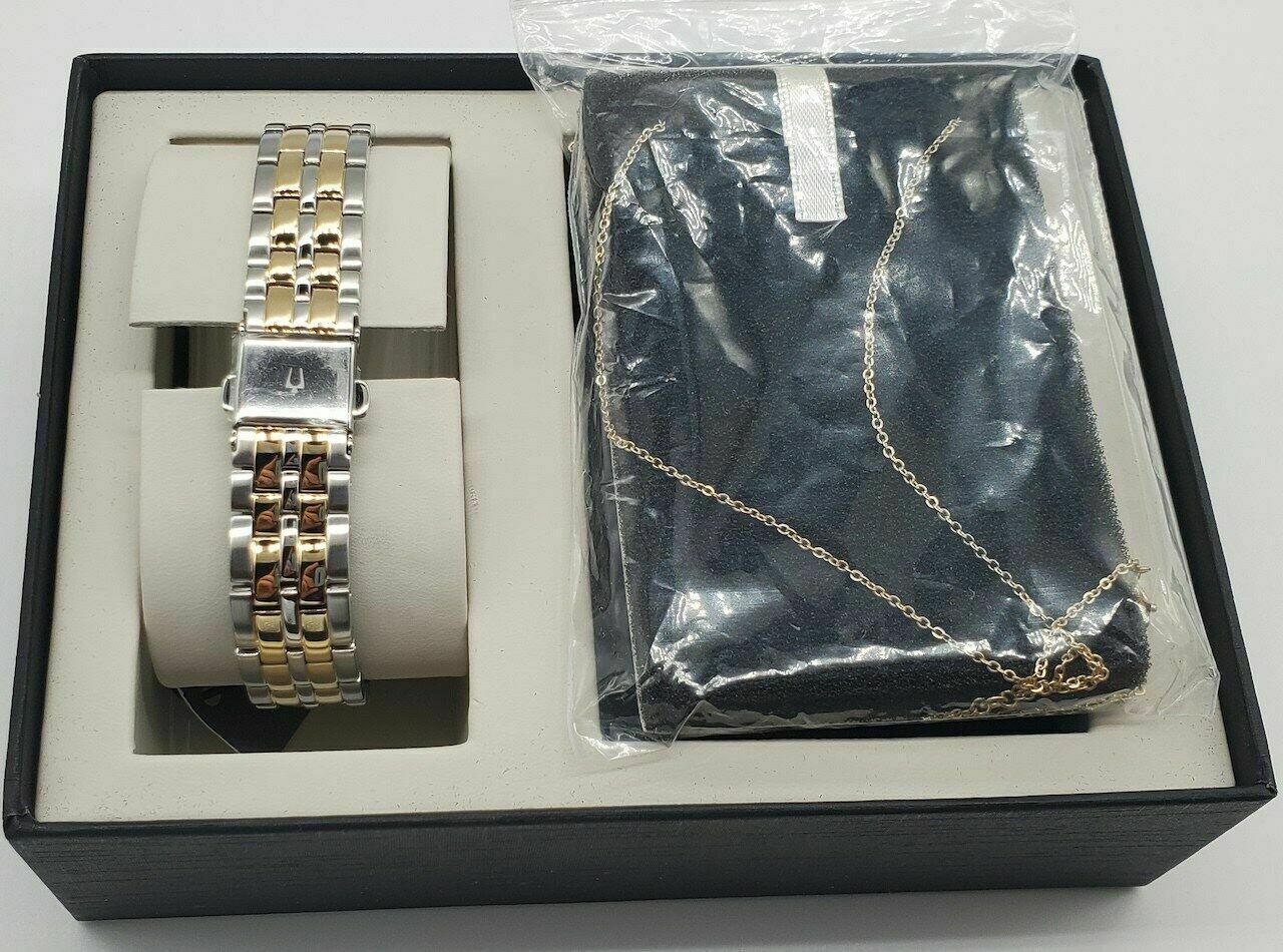 Bulova Ladies 98X127 Crystal Accented Two Tone Watch & Crystal Stud Necklace ❤ - UproMax