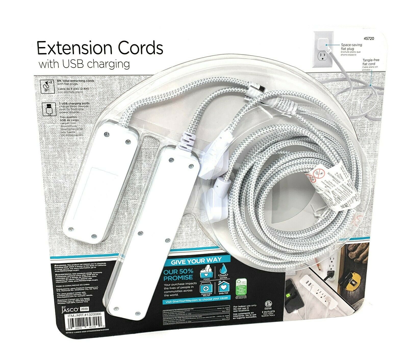 2-Pack Extension Cords with USB Fast Charging, 6 Outlets, 3 USB Ports, 3.4A, 8 ft Braided Extension Cords, Flat Plug, Dual Desktop Power Centers, ETL Listed, Gray/White, 45720 - UproMax