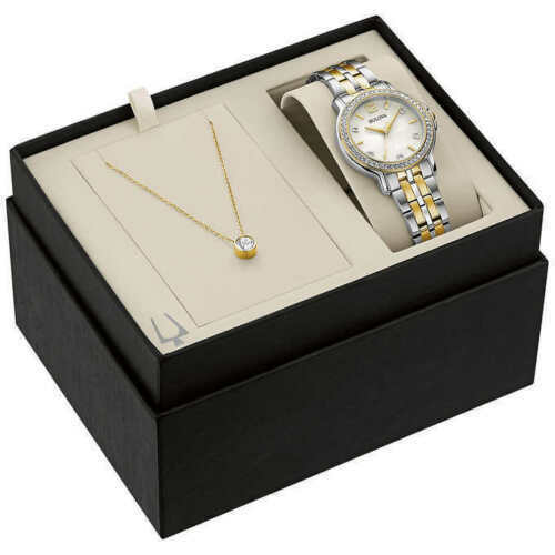 Bulova Ladies 98X127 Crystal Accented Two Tone Watch & Crystal Stud Necklace ❤ - UproMax