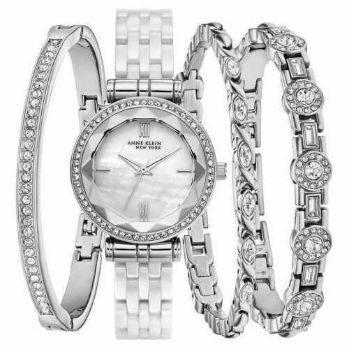 Anne Klein 12/2317WTST Stainless Silver Crystals Ceramic Women Watch Set NEW ❤ - UproMax